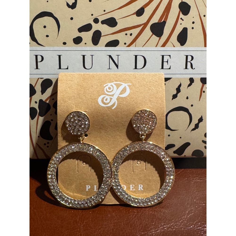 Plunder Design Gold Tone Rhinestone Pave Double Hoop Circle Drop Earrings New
